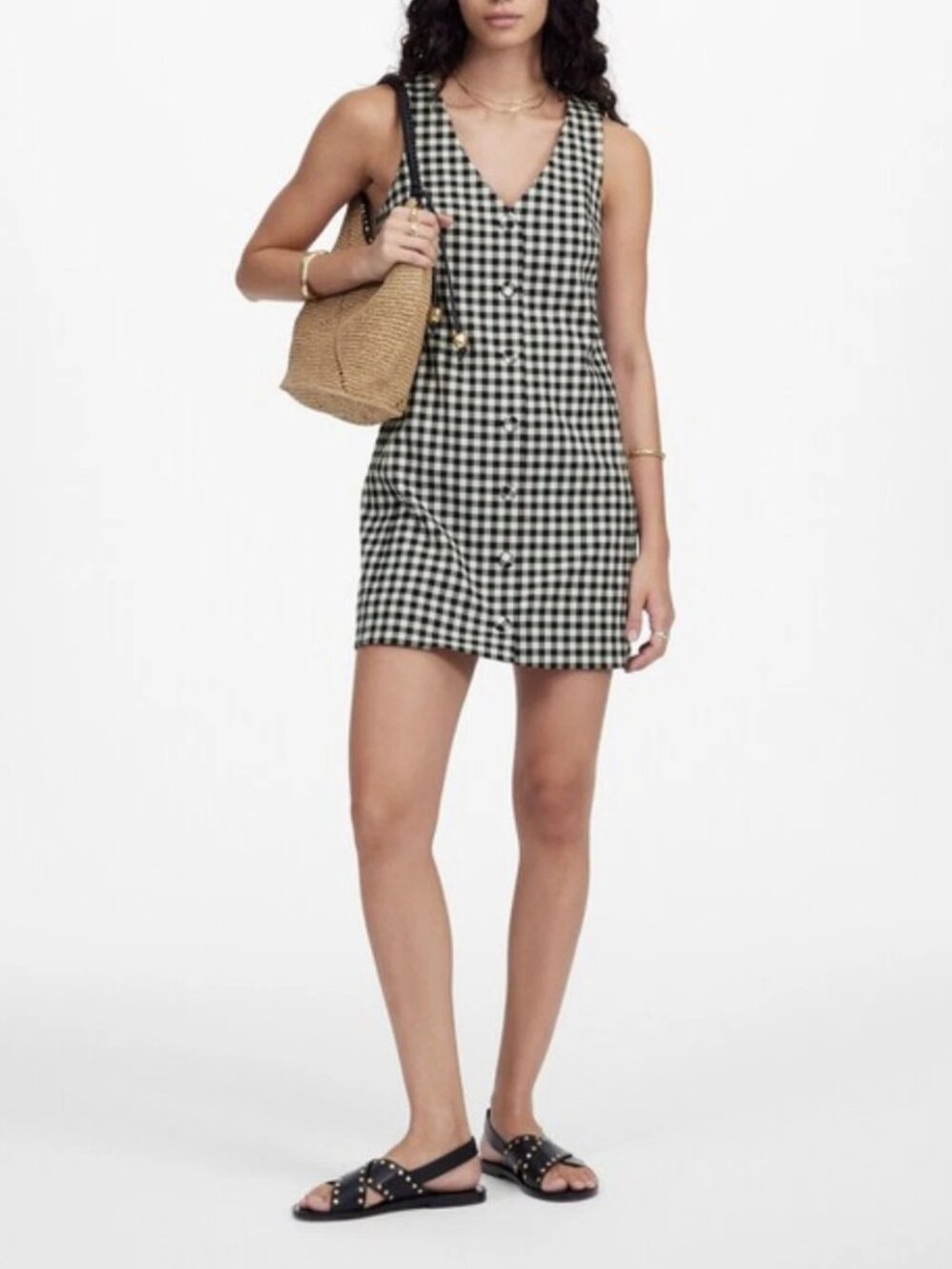 Madewell V-Neck Mini Vest Dress Gingham Wool Black White Botton Up Size 8 NWOT